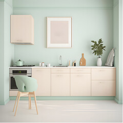 Fototapeta premium the cheerful kitchen, modern grey kitchen cabinets , Mock up poster frame in kitchen interior background close-up, 3d render, Generative ai