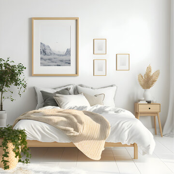 Home Mockup, Bedroom Interior Background With Yellow Furniture And Four Empty Frames, Coastal Style, 3d Render, Generative Ai