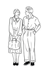 A couple walking Young people lovers lifestyle Hand drawn line art Illustration