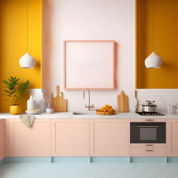 farmhouse kitchen,  fancy kitchen, frame  mockup in kitchen interior background, 3d render, generative ai