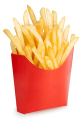French fries in red paper bucket isolated on white background, French fries on white With clipping path.