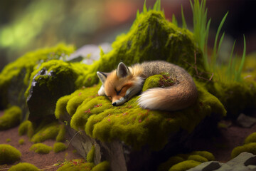 Baby fox sleeping on moss