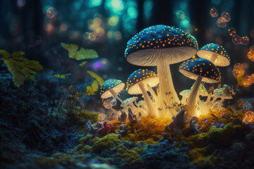 Fototapeta na wymiar beautiful closeup colorful fantasy magic mushroom in fairy forest, fireflies bokeh lighting background, magic atmosphere.