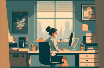 Vector illustration girl working on the computer in an office, modern design - obrazy, fototapety, plakaty