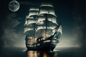 Ghost pirate ship on the high seas, Digital illustration, Generative AI