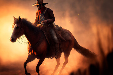 cowboy riding horse, sunset. Generative AI