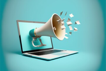 Laptop with megaphone coming out of the screen, advertising and marketing concept, blue background, Digital illustration, Generative AI - obrazy, fototapety, plakaty