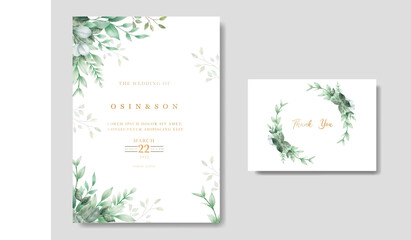 Fototapeta na wymiar Green Leaves Watercolor Wedding Invitation Card Template