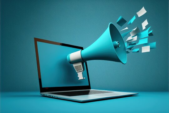 Laptop with megaphone coming out of the screen, advertising and marketing concept, blue background, Digital illustration, Generative AI