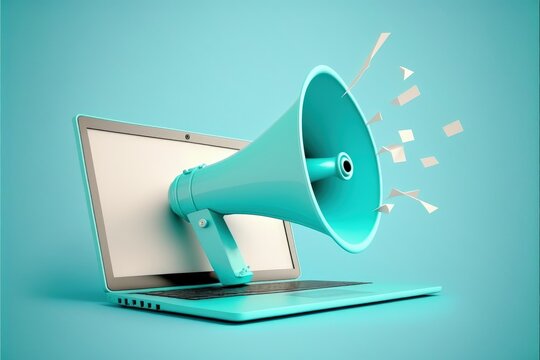 Laptop with megaphone coming out of the screen, advertising and marketing concept, blue background, Digital illustration, Generative AI