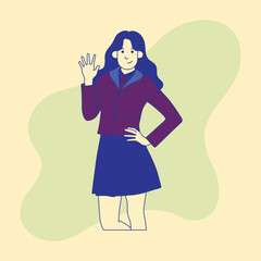 woman with right hand waving and left hand on waist