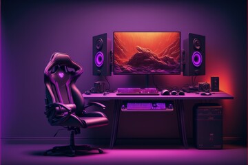 Gamer PC setup with table, chair and computer, purple background, Digital illustration AI
