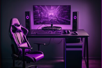 Gamer PC setup with table, chair and computer, purple background, Digital illustration AI
