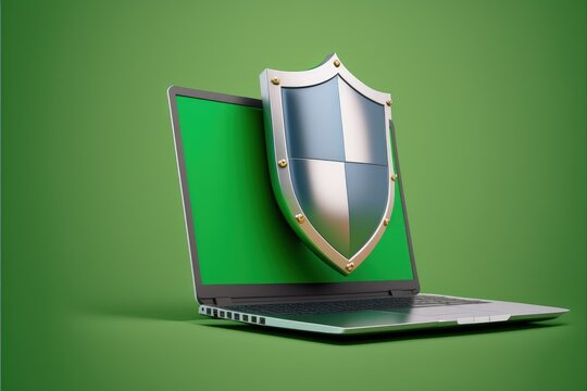 Laptop With Antivirus Shield On Screen, Safe Browsing Concept, Green Background, Generative AI
