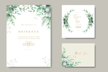 Fototapeta na wymiar Green Leaves Watercolor Wedding Invitation Card Template