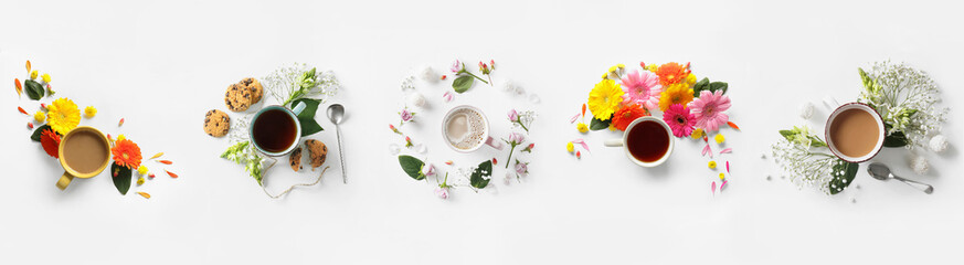 Collage of flat lay compositions with cups of drinks and flowers on light background