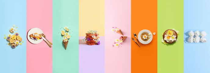 Group of tasty food with fresh flowers on color background
