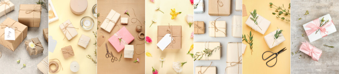 Spring collage with beautiful gifts on light background