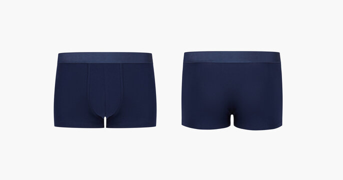 Ghost mannequin, dark blue men's classic boxer briefs isolated on white background. Male cotton underwear cutout, Man fabric voluminous trunks underpants close up, mock up, template, flat lay photo