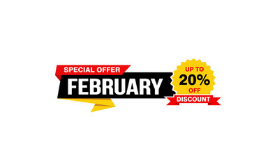 20 Percent FEBRUARY discount offer, clearance, promotion banner layout with sticker style.