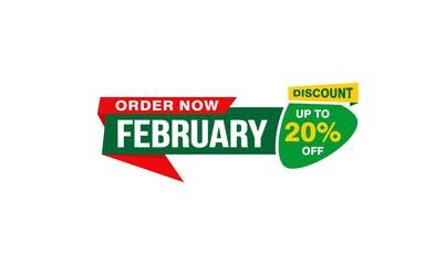 20 Percent FEBRUARY discount offer, clearance, promotion banner layout with sticker style.