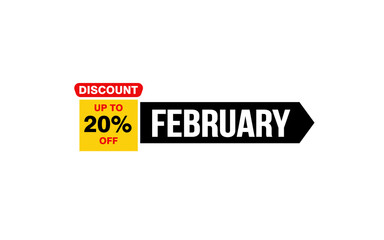 20 Percent FEBRUARY discount offer, clearance, promotion banner layout with sticker style.