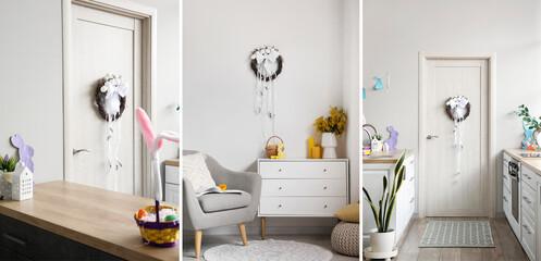 Collage of light domestic interiors decorated for Easter celebration