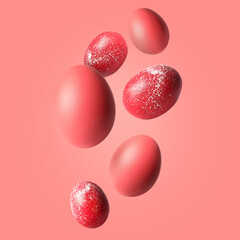 Beautiful flying Easter eggs on red background