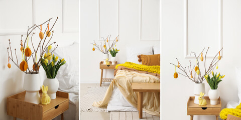 Collage of beautiful Easter decoration and tulip flowers in bedroom interior