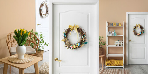 Collage of beautiful Easter wreath and tulip flowers in room interior