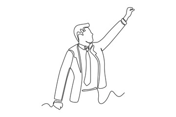 Continuous one line drawing happy office worker with his hands up. Personal growth concept. Single line draw design vector graphic illustration.