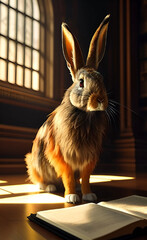 Illustration with a beautiful realistic rabbit with a book on the background of the interior of a gothic castle