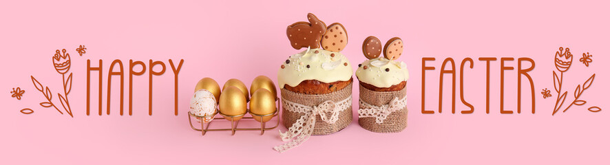 Beautiful Easter greeting card with delicious cakes and eggs