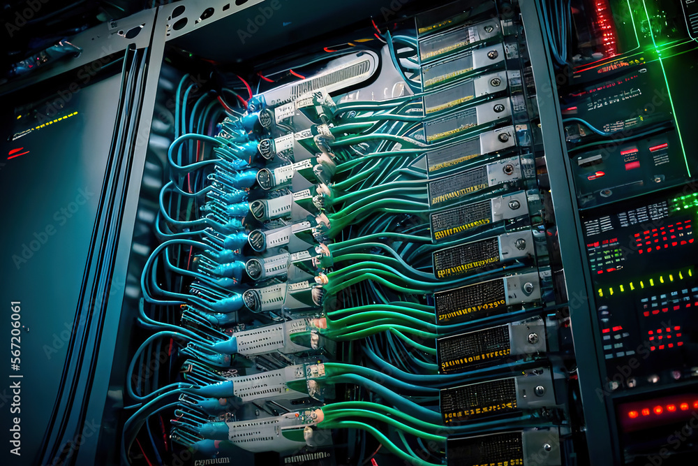 Poster modern internet content hosting infrastructure with densely packed server racks