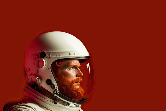 Close-up portrait of red-haired man with beard, wearing white astronaut suit and helmet, on red background, with copy space on the right. Image created with Artificial Intelligence.