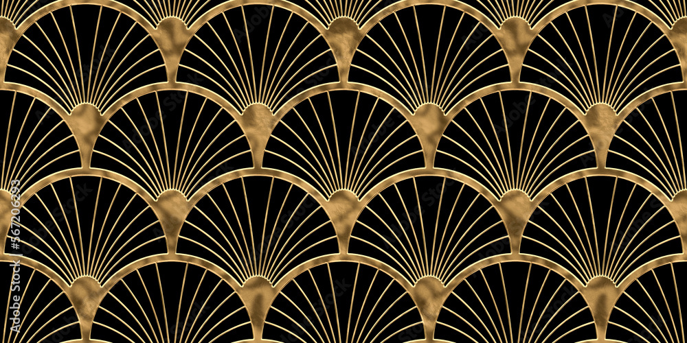 Wall mural Seamless golden Art Deco palm fan or shell line pattern. Vintage 1920 abstract geometric arches gold plated relief sculpture on black background. Retro maximalist metallic wallpaper. 3D rendering.