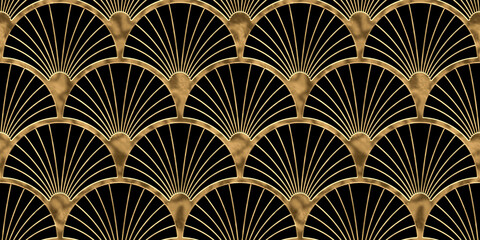 Seamless golden Art Deco palm fan or shell line pattern. Vintage 1920 abstract geometric arches gold plated relief sculpture on black background. Retro maximalist metallic wallpaper. 3D rendering.