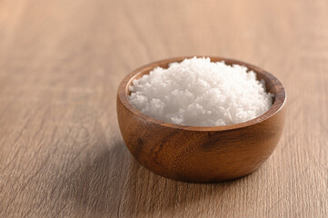 Sea salt in a wooden bowl