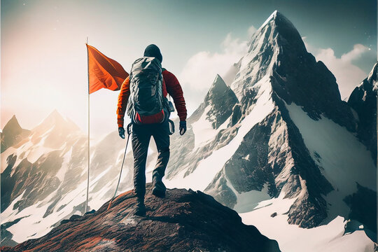 Reaching your goals concept, mountain climber following path to flag on top of mountain. Gуnerative AI