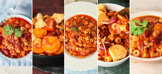 Collage of traditional pasta with beans in bowls on table, closeup
