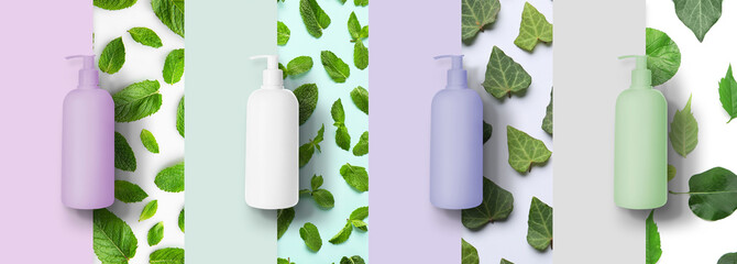 Collection of color cosmetic bottles with green leaves