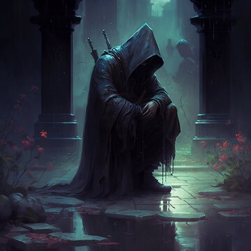An assassin with sword mourning digital art