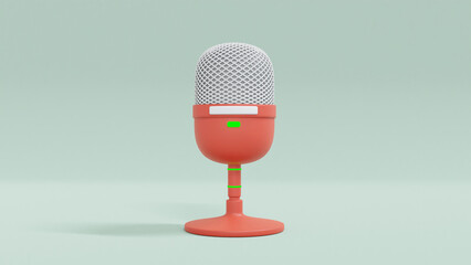 3D illustration of cute desktop red microphone and glow green light button, indicating switch on isolated on green background with clipping path.