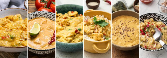 Collage of spicy chicken curry in bowls on table, closeup