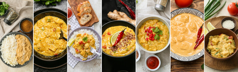 Collage of traditional chicken curry in bowls on table