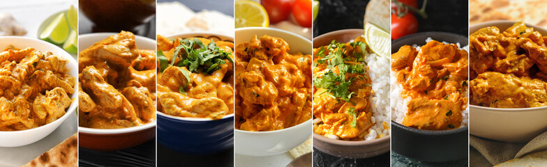 Collage of bowls with Indian chicken tikka masala on table, closeup
