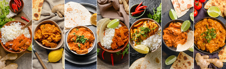 Collage of bowls with tasty chicken tikka masala on table, top view