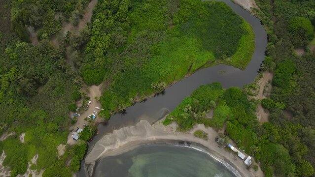 Aerial tilt up reveal of lush tropical plants in Halawa Valley. Hawaiian nature establishing shot.