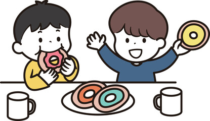おやつを食べる2人の男の子のイラスト素材