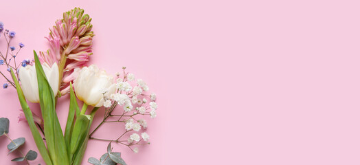 Beautiful flowers on pink background with space for text. Hello spring